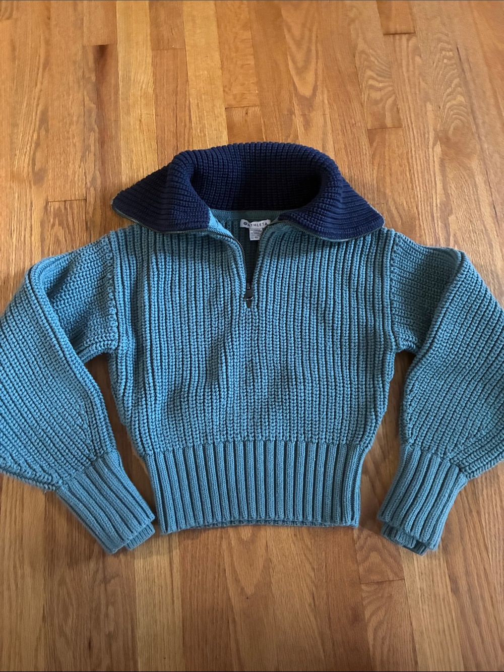Athleta Teal Zip-Up Ribbed Sweater with Navy Collar